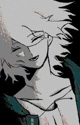 1boy black_background blue_jacket closed_eyes commentary_request danganronpa_(series) danganronpa_2:_goodbye_despair grey_hair head_tilt highres jacket jaggy_lines komaeda_nagito male_focus open_clothes open_jacket portrait short_hair simple_background uri_ka55 wind