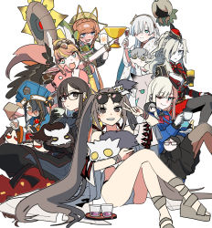 Rule 34 | absurdres, anastasia (fate), black hair, blonde hair, bottle, brown hair, character doll, chibi, circe (fate), crossed legs, cup, doll, drinking glass, drunk, eyewear on head, fate/grand order, fate (series), flower, garrison cap, glasses, gray (fate), grey hair, hair over one eye, hairband, hat, head wings, highres, kadoc zemlupus, kriemhild (fate), kriemhild (second ascension) (fate), long hair, lord el-melloi ii, mug, one eye closed, orange hair, pig, pink hair, pointy ears, reines el-melloi archisorte, reines el-melloi archisorte (second ascension), samochau, sandals, siegfried (fate), smile, sunflower, sunglasses, teacup, twintails, v, van gogh (fate), van gogh (first ascension) (fate), waver velvet, white background, wings, xu fu (fate), xu fu (first ascension) (fate), yu mei-ren (fate), yu mei-ren (first ascension) (fate), yu mei-ren (swimsuit lancer) (fate)