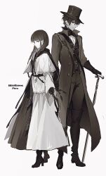1boy 1girl arashiko_falcom bloodborne blunt_bangs boots braid cane capelet coat copyright_name cosplay_request dress fata_morgana_no_yakata frown full_body gloves hair_over_shoulder hat high_heel_boots high_heels highres holding holding_cane holding_weapon jacopo_bearzatti layered_dress long_hair long_sleeves looking_at_viewer looking_away looking_down monochrome morgana_(fata_morgana_no_yakata) pants profile short_hair sideways_glance simple_background standing thigh_boots top_hat twin_braids twintails very_long_hair vest weapon