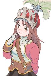 Rule 34 | 1girl, 3:, arm behind back, black skirt, blush, brown eyes, brown hair, brown sleeve cuffs, closed mouth, cropped jacket, final fantasy, final fantasy tactics, gan2, gloves, hand up, helmet, highres, jacket, long hair, long sleeves, onion knight (fft), open clothes, open jacket, pink jacket, pink lips, red helmet, shirt, simple background, skirt, sleeve cuffs, solo, white background, white gloves, white shirt