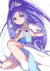 Rule 34 | 1girl, blue bow, blue eyes, blue hair, boots, bow, bracelet, brooch, choker, crystal earrings, cure diamond, diamond hands, dokidoki! precure, earrings, hair ornament, heart, heart brooch, high ponytail, highres, hishikawa rikka, jewelry, kanata shiroya, long hair, magical girl, ponytail, precure, smile, solo, tiara, wide ponytail, yellow choker