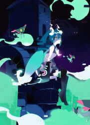 Rule 34 | 1girl, absurdres, aqua hair, bare shoulders, black skirt, black sleeves, black thighhighs, collared shirt, detached arm, detached legs, detached sleeves, dreepy, gen 4 pokemon, gen 8 pokemon, ghost miku (project voltage), giratina, giratina (origin), glitch, grey shirt, hair between eyes, hatsune miku, highres, hitodama, legendary pokemon, long hair, looking at viewer, nintendo, pale skin, pokemon, print sleeves, project voltage, shirt, skirt, sleeveless, sleeveless shirt, sleeves past fingers, sleeves past wrists, sugahri, thighhighs, twintails, very long hair, vocaloid, wide sleeves, will-o&#039;-the-wisp (mythology), yellow eyes