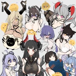 &gt;_&lt; ... 6+girls :p ? alvitr_(azur_lane) animal_ear_fluff animal_ears animal_print atago_(azur_lane) atago_(summer_march)_(azur_lane) azur_lane bare_shoulders bell bikini black_hair black_horns black_one-piece_swimsuit blonde_hair blue_dress blue_hair blush bottle breasts brown_hair chien_wu_(azur_lane) chien_wu_(dressed_for_just_tonight)_(azur_lane) cleavage covered_navel cow_girl cow_horns cow_print cow_print_bikini cowbell cropped_torso dark-skinned_female dark_skin dog_ears dog_girl dragon_girl dragon_horns dragon_tail dress flower grey_background grey_hair hair_flower hair_ornament hair_over_one_eye hairclip hibiya1005 highres holding holding_bottle horns huge_breasts kashino_(azur_lane) kashino_(fresh_and_sweet)_(azur_lane) lung_wu_(azur_lane) manjuu_(azur_lane) milk_bottle mogador_(azur_lane) mogador_(locker_room_lechery)_(azur_lane) mole mole_on_breast mole_under_mouth multicolored_hair multiple_girls neck_bell official_alternate_costume one-piece_swimsuit otto_von_alvensleben_(azur_lane) owari_(azur_lane) pink_eyes print_bikini purple_eyes purple_hair red_eyes red_hair sheep simple_background sketch sparkling_eyes streaked_hair swimsuit tail tongue tongue_out twintails unicorn_(azur_lane) unicorn_(retrofit)_(azur_lane) w white_bikini white_dress yellow_eyes