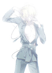 1boy absurdres alien_stage belt closed_eyes colored_eyelashes cowboy_shot grey_belt grey_jacket grey_pants hand_on_own_face hand_on_own_head headset highres jacket long_sleeves luka_(alien_stage) male_focus medium_hair microphone open_mouth pants simple_background solo white_background yanwu01