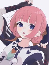 1girl :o absurdres arm_up black_gloves blue_eyes blush double_bun fang fingerless_gloves gloves hair_bun highres jacket kaf_(kamitsubaki_studio) kamitsubaki_studio looking_at_viewer notice_lines open_mouth pink_hair pom_pom_(clothes) saka_(sa_ka) shirt short_hair short_sleeves sidelocks simple_background skin_fang solo upper_body