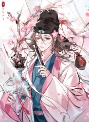 1boy absurdres bishounen black_hat blue_robe branch brown_eyes brown_hair cherry_blossoms chinese_clothes chinese_commentary closed_mouth coat curtains e_(h798602056) falling_petals flower folded_fan folding_fan futou hair_between_eyes hair_flower hair_ornament hand_fan hanfu hat highres holding holding_fan holding_vase jar jiangnan_baijingtu jin_(headwear) lips long_hair long_sleeves looking_at_viewer male_focus open_clothes open_coat petals pink_flower red_ribbon ribbon robe seal_impression see-through_curtains sideways_glance sleeves_past_wrists smile solo tang_jin_(headwear) tang_yin_(jiangnan_baijingtu) upper_body white_background white_coat wide_sleeves