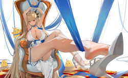 Rule 34 | 1girl, absurdly long hair, absurdres, arms up, azur lane, blonde hair, blue choker, blue ribbon, bound, bound wrists, breasts, center opening, chinese commentary, choker, cleavage, closed mouth, collarbone, commentary request, dress, extreme dangling, formidable (anniversary memories) (azur lane), formidable (azur lane), full body, halter dress, halterneck, high heels, highres, holding another&#039;s hair, huge breasts, long hair, looking at viewer, manjuu (azur lane), official alternate costume, red eyes, ribbon, shoes, sideless dress, sitting, sleeveless, sleeveless dress, solo, strappy heels, user ymdh7773, very long hair, white dress, white shoes