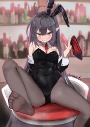 1girl absurdres black_hair black_shoes blush breasts cleavage feet grin high_heels highres leotard long_hair looking_at_viewer namukot pantyhose playboy_bunny pointy_ears red_eyes risty_(trickcal) shoes single_shoe smile soles toes trickcal unworn_shoes