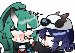 Rule 34 | 2girls, arknights, artist name, baseball cap, blush stickers, ch&#039;en (arknights), ch&#039;en the holungday (arknights), closed eyes, commentary request, dragon horns, eyewear on headwear, feeding, green hair, hair between eyes, hat, horns, horns through headwear, hoshiguma (arknights), long hair, looking at another, multiple girls, o chu pen, official alternate costume, open mouth, red eyes, simple background, single horn, sunglasses, translation request, upper body, white background