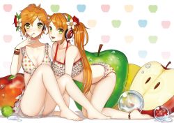 2girls all_fours anklet anon_(vocaloid) apple bad_id bad_pixiv_id bare_shoulders barefoot bikini bracelet breasts cleavage flower food frilled_bikini frills fruit full_body green_eyes hair_flower hair_ornament headphones honnou_(kjs9504) in_food jewelry kanon_(vocaloid) legs long_hair mini_person minigirl multiple_girls orange_hair oversized_object polka_dot ruffle_bikini short_hair siblings side_ponytail sisters sitting skirt smile swimsuit twins vocaloid white_background