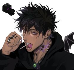 1boy absurdres arm_up black_hair black_hoodie clenched_hand commentary dark-skinned_male dark_skin ear_piercing earrings ender_dragon fingernails forked_tongue genderswap genderswap_(ftm) hashtag-only_commentary highres hood hood_down hoodie iba_(kcokaine) jewelry labret_piercing looking_to_the_side male_focus minecraft multiple_rings neck_tattoo necklace open_mouth personification piercing purple_eyes ring sharp_fingernails short_hair sideways_glance simple_background star_(symbol) tattoo teeth tongue tongue_out upper_body white_background wings