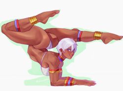 1girl anklet armlet ass blue_eyes dark-skinned_female dark_skin dlusional elena_(street_fighter) flexible highres jewelry looking_at_viewer neck_ring short_hair smile solo street_fighter street_fighter_iii_(series) toned toned_female top-down_bottom-up white_hair