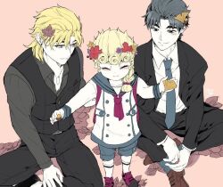 3boys acorn aged_down autumn autumn_leaves backpack bag belt black_jacket black_pants black_vest blonde_hair blue_hair blue_necktie blush braid brown_footwear child closed_eyes closed_mouth commentary dio_brando english_commentary family father_and_son flower formal_clothes ginkgo_leaf giorno_giovanna grey_shirt hair_ornament holding holding_acorn implied_yaoi indian_style jacket jojo_no_kimyou_na_bouken jonathan_joestar leaf long_hair long_sleeves male_focus morino_peko multiple_boys necktie pants shirt shoes short_hair sitting smile socks vento_aureo vest yellow_eyes