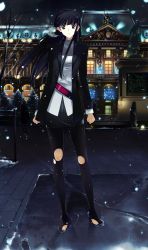 10s 1girl arms_at_sides bare_tree belt black_hair black_jacket black_pantyhose blue_eyes blunt_bangs breath brick building christmas_lights footprints france frown full_body game_cg german_text highres houndstooth jacket long_hair long_sleeves looking_at_viewer nakamura_takeshi night no_shoes open_clothes open_jacket outdoors pantyhose pavement pencil_skirt real_world_location shirt skirt snow snowing solo_focus standing statue striped_clothes striped_pantyhose toes torn_clothes torn_legwear touma_kazusa tree white_album_(series) white_album_2 white_shirt wind winter