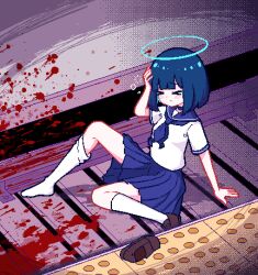 Rule 34 | &gt; &lt;, 1girl, angel, aqua eyes, aqua hair, arm support, blood, blood splatter, blue choker, blue hair, blue neckerchief, blue sailor collar, blue skirt, blunt bangs, blunt ends, blush, bob cut, breasts, brown shoes, chibikki, choker, closed eyes, closed mouth, collarbone, collared shirt, colored inner hair, commentary, dazed, dithered background, dithering, dot mouth, dress shirt, fallen down, full body, halo, hand on own head, implied death, knee up, leaning back, loafers, multicolored hair, nanako (chibikki), neckerchief, on ground, original, pink background, pixel art, pleated skirt, railroad tracks, right shoe removed, sailor collar, school uniform, serafuku, shirt, shoes, short hair, simple background, single loose sock, single shoe, sitting, skirt, small breasts, socks, solo, squeans, subway, subway station, symbol-only commentary, tactile paving, train station platform, two-tone hair, unworn shoe, vignetting, wariza, white shirt, white socks