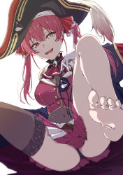 1girl absurdres arrow_through_heart ascot backlighting barefoot belt bicorne black_hat black_panties black_thighhighs bodystocking breasts brooch cleavage collar commentary covered_navel eyepatch fang feet floral_print foot_out_of_frame frilled_collar frills gloves hair_between_eyes hair_ribbon hat heterochromia highres holding_eyepatch hololive houshou_marine jewelry long_hair looking_at_viewer medium_breasts miniskirt open_mouth oshimaidebu panties pirate_hat pleated_skirt red_ascot red_eyes red_hair red_ribbon red_skirt red_vest ribbon rose_print see-through_clothes see-through_cleavage simple_background single_thighhigh skirt smile soles solo symbol-only_commentary teeth thighhighs thighs toes twintails two-tone_skirt two_side_up underwear unworn_eyepatch upper_teeth_only vest virtual_youtuber white_background white_gloves white_skirt yellow_eyes