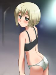 1girl ass awa blonde_hair bra butt_crack erica_hartmann green_eyes loli panties strike_witches underwear world_witches_series