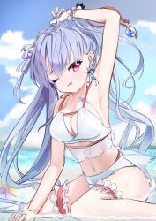 1girl ;p absurdres alternate_costume arm_up armpits bare_shoulders bikini black_bow blue_hair blue_sky blush bow breasts butterfly_earrings cleavage closed_mouth cloud collarbone commentary day earrings eyebrows_hidden_by_hair floating_hair foot_out_of_frame frilled_thigh_strap frilled_wrist_cuffs frills glint hair_between_eyes halterneck highres holding holding_own_hair jewelry large_breasts long_hair looking_at_viewer midriff miraikanai navel ocean one_eye_closed outdoors presenting_armpit red_eyes sitting sky solo sorakado_ao summer_pockets swimsuit thigh_strap thighs tongue tongue_out very_long_hair wariza white_bikini wrist_cuffs