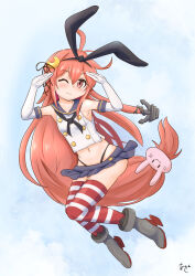 1girl ahoge akashieru anchor_hair_ornament artist_name black_hairband black_neckerchief black_panties blue_sailor_collar blue_skirt blue_sky cloud cosplay crescent crescent_hair_ornament crop_top elbow_gloves full_body gloves hair_ornament hairband highleg highleg_panties highres kantai_collection long_hair low-tied_long_hair microskirt miniskirt neckerchief one-hour_drawing_challenge one_eye_closed orange_hair panties pleated_skirt rabbit_hair_ornament red_eyes sailor_collar shimakaze_(kancolle) shimakaze_(kancolle)_(cosplay) shirt skirt sky sleeveless sleeveless_shirt smile solo striped_clothes striped_thighhighs thighhighs underwear uzuki_(kancolle) white_gloves
