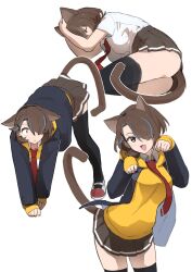 1girl absurdres alice_gunlock all_fours animal_ears ass bear_position black_thighhighs blue_hair brown_eyes brown_hair brown_skirt brown_tail cat_ears cat_girl cat_tail closed_eyes cowboy_shot cropped_legs ears_down fang fav_faris frown full_body hands_on_own_head highres hood hoodie kemonomimi_mode looking_at_viewer lying medium_hair multicolored_hair multiple_views necktie on_side open_mouth original paw_pose red_necktie red_shoes shirt shoes skin_fang skirt smile streaked_hair tail thighhighs white_shirt white_shoes yellow_hoodie zettai_ryouiki