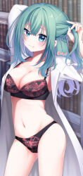 1girl :3 absurdres aqua_eyes aqua_hair black_bra black_panties blush bookshelf bra breasts bunching_hair cleavage closed_mouth coat commentary cowboy_shot crossed_bangs floral_print gluteal_fold hair_between_eyes hands_up highres indoors lab_coat large_breasts long_hair long_sleeves looking_at_viewer navel one_side_up open_clothes open_coat panties print_bra print_panties red_bra red_panties riddle_joker ririi_(ai-my_talikng) rose_print shikibe_mayu sidelocks skindentation smile solo stomach thighs twitter_username two-tone_bra two-tone_panties underwear white_coat