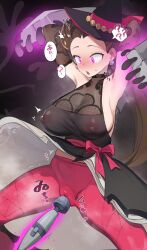 1girl armpits arms_up black_background black_dress black_gloves black_headwear blush breasts brown_hair cameltoe clothes_lift covered_erect_nipples djheycha dress dress_lift earrings elbow_gloves gen_8_pokemon gloves gradient_background grey_background hat highres jewelry large_breasts long_hair looking_down low_twintails nintendo open_mouth panties pantyhose pink_eyes pink_pantyhose pokemon pokemon_(creature) pokemon_masters_ex roxanne_(fall_2023)_(pokemon) roxanne_(pokemon) runerigus see-through_clothes sex_toy sideboob spread_legs squatting standing twintails underwear vibrator witch_hat