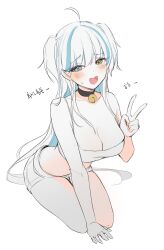1girl ahoge artist_request bare_arms bare_shoulders bell black_choker blue_eyes blue_hair breasts camisole check_artist choker cleavage colored_inner_hair commentary_request commission crop_top hand_up heterochromia highres illusion_live jingle_bell kneeling korean_commentary large_breasts long_hair looking_at_viewer meettheton midriff multicolored_hair navel nyaru_(illusion_live) open_mouth second-party_source shirt short_shorts shorts simple_background sleeveless sleeveless_shirt smile solo spaghetti_strap streaked_hair sweat thighs two-tone_hair two_side_up v very_long_hair virtual_youtuber white_background white_hair white_shirt white_shorts yellow_eyes
