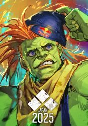 1boy 2025 arm_up bandana bandana_around_neck beanie blanka blue_eyes blue_hat colored_skin evolution_championship_series fingernails green_skin hat hungry_clicker long_hair looking_up male_focus orange_hair red_bull solo street_fighter street_fighter_6 teeth upper_body yellow_bandana