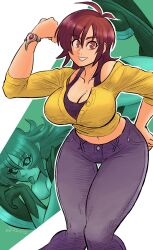 Rule 34 | 1girl, absurdres, amaha masane, antenna hair, armor, bikini armor, black sclera, blush, breasts, brown eyes, brown hair, cleavage, colored sclera, cropped shirt, denim, happy mother&#039;s day, highres, jeans, large breasts, legs, long hair, looking at viewer, mature female, may, mother&#039;s day, multiple girls, pants, piercing, powered-up masane, shirt, short hair, solo, thighs, tongue piercing, videajames, witchblade, yellow shirt