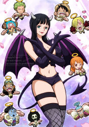 2girls 6+boys :p apple7apo black_hair blonde_hair breasts brook_(one_piece) commentary_request crossed_arms cupid curly_eyebrows demon_tail demon_wings detached_sleeves eyelashes fishnet_thighhighs fishnets franky_(one_piece) goggles goggles_on_head green_hair grin hair_over_one_eye halo hat heart heart-shaped_eyes horns jinbe_(one_piece) large_breasts long_hair mini_person miniboy minigirl monkey_d._luffy multiple_boys multiple_girls nami_(one_piece) navel nico_robin one_eye_closed one_piece orange_hair red_lips roronoa_zoro sanji_(one_piece) skeleton smile standing straw_hat straw_hat_pirates sunglasses tail teeth thighhighs tongue tongue_out tony_tony_chopper usopp watermark wings