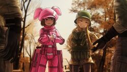 2girls absurdres ammunition blonde_hair brown_eyes brown_hair corp crossed_arms explosive forest fukaziroh_(sao) grenade grenade_cartridge hands_on_own_hips helmet highres light_smile llenn_(sao) magazine_(weapon) military military_uniform multiple_girls nature smug standing sword_art_online sword_art_online_alternative:_gun_gale_online
