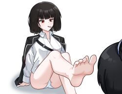 1boy 1girl absurdres barefoot black_hair blush bob_cut breasts cigarette highres hong_lu_(project_moon) jacket jacket_on_shoulders jinggeomdari limbus_company long_sleeves no_pants panties project_moon red_eyes ryoshu_(project_moon) shirt short_hair simple_background small_breasts smoking underwear white_background white_panties white_shirt