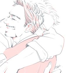 Rule 34 | 2boys, avengers (series), blush, closed eyes, closed mouth, commentary request, covered mouth, facial hair, greyscale, highres, hug, long sleeves, male focus, marvel, marvel cinematic universe, monochrome, multiple boys, my 3rd, shirt, short hair, signature, simple background, smile, steve rogers, tony stark, upper body