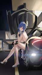 1girl absurdres ankleband azur_lane backless_dress backless_outfit bag bloom blue_hair breasts building butterfly_doors car dress evening_gown gullwing_doors handbag high_heels highres large_breasts legs lens_flare long_hair looking_at_viewer mclaren mclaren_p1 motor_vehicle official_alternate_costume outdoors plunging_neckline product_placement revealing_clothes side_ponytail sideboob sitting solo sports_car st._louis_(azur_lane) st._louis_(luxurious_wheels)_(azur_lane) strappy_heels swept_bangs underboob wuzhihuijia