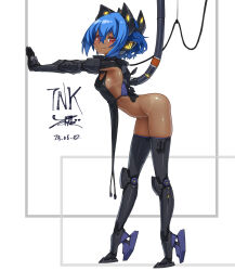 1girl blue_hair breasts dark-skinned_female dark_skin dated hair_between_eyes headgear looking_at_viewer mecha_musume mechanical_arms mechanical_legs naked_tabard original red_eyes short_hair signature simple_background small_breasts smile solo tabard takada_kazuhiro tan tanline