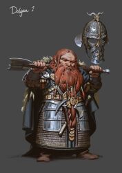1boy armor axe beard boots brown_boots dwarf facial_hair fantasy full_body grey_background helmet holding holding_axe long_beard mischeviouslittleelf original red_facial_hair red_hair simple_background solo standing unworn_headwear unworn_helmet