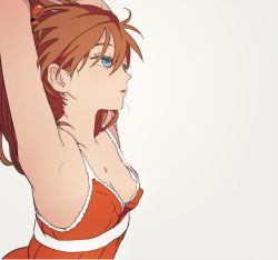 1girl armpits arms_up bare_shoulders blue_eyes breasts brown_hair camisole covered_erect_nipples female_focus jpeg_artifacts long_hair mebae neon_genesis_evangelion open_mouth simple_background small_breasts solo souryuu_asuka_langley upper_body