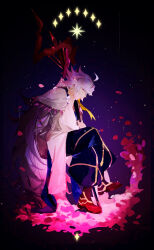 1boy absurdres black_pants black_shoes demon_boy diamond_(shape) fate/grand_order fate_(series) flower_knot fui_(fui29493452) gradient_background hand_up highres holding holding_staff hooded_robe light_particles light_smile long_hair long_sleeves looking_at_viewer merlin_(fate) pants petals purple_eyes robe shadow shoes sitting solo staff star_(symbol) star_symbol_background white_hair white_robe