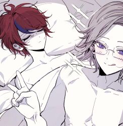 2boys aftersex aotsuki_eito bed_sheet blue_eyes blue_hair closed_eyes eyelashes fingernails glasses hand_up looking_at_viewer lying male_focus multicolored_eyes multiple_boys pillow red_hair smile sumino_takumi the_hundred_line_-last_defense_academy- tongue tongue_out topless_male v white_hair yaoi