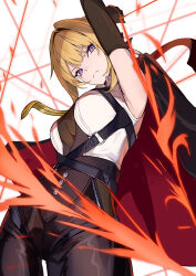 1girl arm_up black_gloves black_pants blonde_hair breasts coat commentary_request cowboy_shot elbow_gloves evelyn_chevalier fire gloves high-waist_pants highres holding holding_coat holding_unworn_clothes large_breasts latex_pants looking_at_viewer mole mole_under_eye necktie oramustat pants purple_eyes shirt single_elbow_glove string tight_clothes tight_pants unworn_coat white_shirt yellow_necktie zenless_zone_zero