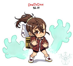 Rule 34 | 2girls, ayase momo, backpack, bag, brown eyes, brown hair, cat, closed mouth, commentary, copyright name, dandadan, english commentary, fighting stance, full body, hair between eyes, hair ornament, hair scrunchie, high ponytail, highres, honnii, jacket, long sleeves, looking at viewer, multiple girls, official alternate costume, official alternate hairstyle, open hands, ponytail, red jacket, scrunchie, shoes, simple background, turbo granny (dandadan), white background, white shoes