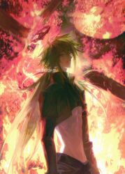 1boy absurdres aotu_world arms_at_sides artist_request belt black_belt black_jacket black_shirt burning chinese_commentary commission cowboy_shot crop_top cropped_jacket fire green_hair grey_pants hair_between_eyes halo highres jacket long_hair long_sleeves looking_at_viewer low_ponytail male_focus midriff navel pants parted_lips ponytail red_eyes second-party_source shirt smile solo standing toned turtleneck very_long_hair watermark xander_(aotu_world)