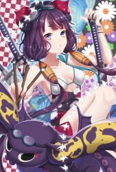 Rule 34 | 1girl, abstract background, bare shoulders, bikini, bird, breasts, commentary, fate/grand order, fate (series), flower, goggles, goggles on head, hair flower, hair ornament, highres, holding, holding paintbrush, holding sword, holding weapon, katsushika hokusai (fate), katsushika hokusai (swimsuit saber) (fate), long hair, octopus, paintbrush, parted lips, purple eyes, purple hair, small breasts, sumomo7317, swim goggles, swimsuit, sword, twintails, weapon, white bikini, white bird