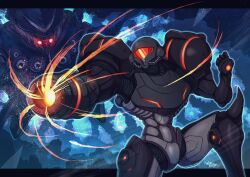 1girl aiming arm_cannon armor assault_visor energy full_armor glowing helmet highres knee_spikes metroid metroid_(creature) metroid_prime metroid_prime_(creature) metroid_prime_1 neon_trim nintendo pauldrons phazon_suit power_armor power_suit_(metroid) red_visor samus_aran science_fiction shoulder_armor wakaba_(wata_ridley) weapon