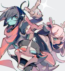 1boy 1girl 1other :d animal_ears animal_nose antlers armor bags_under_eyes black_hair blue-tinted_eyewear blue_skin closed_mouth colored_skin commentary_request dark-skinned_female dark_skin deer_antlers deer_ears deer_girl deltarune glasses gloves grey_background hair_over_one_eye heterochromatic_eyewear highres horns kris_(deltarune) long_hair long_sleeves looking_at_viewer noelle_holiday noppo_(nopon) open_mouth pointing pointy_nose red-tinted_eyewear red_eyes red_scarf scarf short_hair shoulder_armor simple_background smile spamton_g._spamton sparkle teeth tinted_eyewear white_gloves white_hair