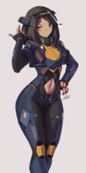 Rule 34 | 1girl, absurdres, artist name, black hair, blue bodysuit, blue eyes, blush, bodysuit, breasts, clothing cutout, commentary, commission, dated, feet out of frame, grey background, hand up, headpiece, highres, looking at viewer, medium hair, navel, navel cutout, open mouth, original, personification, rainbow flag, simple background, smile, solo, standing, teeth, thighs, zhvo