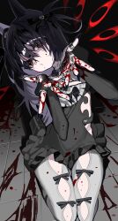 Rule 34 | 1girl, absurdres, black background, black bow, black bowtie, black dress, black hair, black nails, black ribbon, blood, blood on face, blood on ground, blood on hands, bow, bowtie, cat tail, dress, fingernails, frilled dress, frills, front-seamed legwear, grey pantyhose, hair ribbon, head tilt, highres, jewelry, juliet sleeves, long fingernails, long hair, long sleeves, looking at viewer, multiple rings, nail polish, original, pantyhose, puckered lips, puffy sleeves, red eyes, ribbon, ring, scocasr, seamed legwear, sharp fingernails, short dress, simple background, sitting, solo, tail, tile floor, tiles