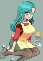 1girl apron asymmetrical_bangs bright_pupils brown_eyes brown_pantyhose casual delicious_party_precure egg_(food) food food_on_clothes frown glasses green_hair green_skirt grey_background grey_sandals highres long_hair long_sleeves looking_at_viewer meranoreuka_(pandapaca) miniskirt pantyhose pencil_skirt precure rectangular_eyewear red_shirt rimless_eyewear sandals secretoru_(precure) shirt sitting skirt solo sweatdrop white_pupils yellow_apron yokozuwari