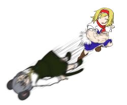 2girls :d alice_margatroid animal_ears blonde_hair blue_dress boots brown_boots capelet closed_eyes commentary_request cookie_(touhou) dress frilled_hairband frills full_body green_skirt green_vest grey_hair hairband ichigo_(cookie) motion_blur mouse_ears mouse_girl mouse_tail multiple_girls nanariku nazrin nyon_(cookie) open_mouth punching red_hairband shirt short_hair simple_background skirt skirt_set smile tail touhou transparent_background vest white_capelet white_shirt