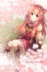 1girl animal_ear_fluff animal_ears armor artist_name black_dress blush boots breastplate breasts brown_boots brown_gloves brown_hair cherry_blossoms chiroyo closed_mouth collared_dress commentary dress elbow_gloves english_commentary floating_hair full_body gloves high_collar knee_boots long_hair long_sleeves looking_at_viewer medium_breasts metal_hair_tubes metal_wrist_cuffs mixed-language_commentary neck_ribbon on_grass raccoon_ears raccoon_girl raphtalia red_dress red_eyes red_ribbon ribbon signature sitting sleeveless sleeveless_dress smile solo straight_hair striped_clothes striped_dress tate_no_yuusha_no_nariagari two-tone_dress vertical-striped_clothes vertical-striped_dress watermark web_address white_dress